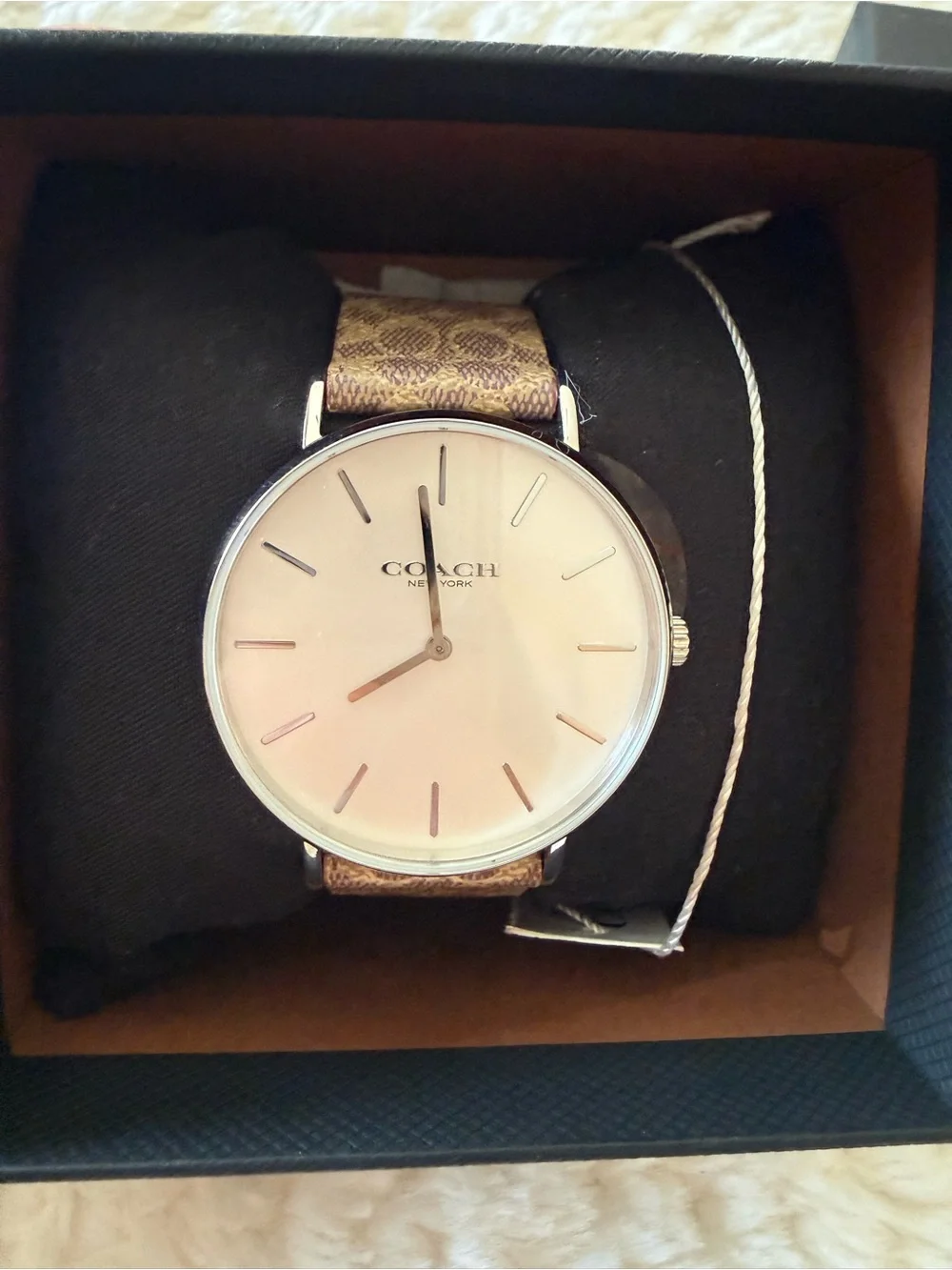 Coach Silver-Tone Round Watch with Brown Signature Strap